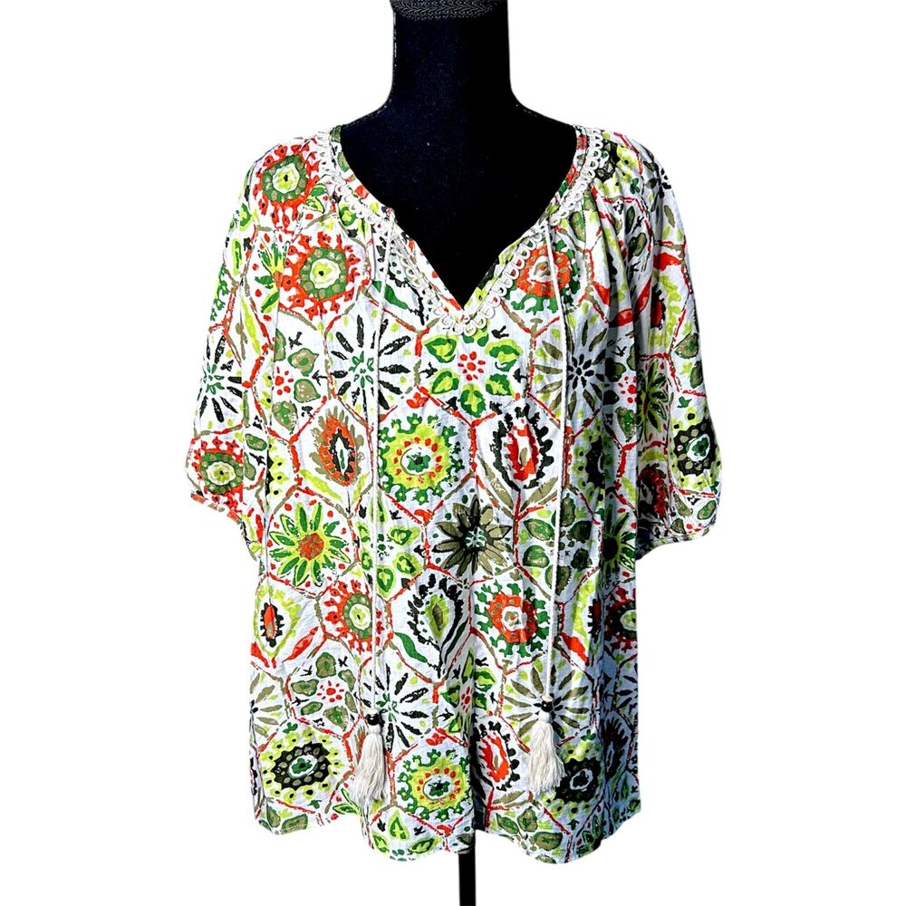 Womens Multicolor Geometric Floral Crochet Top XL Tassel Flowy Boho‎ Puff Sleeve